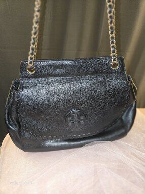 Tory Burch Marion Chain Shoulder Bag – Black Pebbled Leather